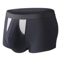 Men's black ice silk underwear shorts showing the double-layer hole bag design for dry wet separation.