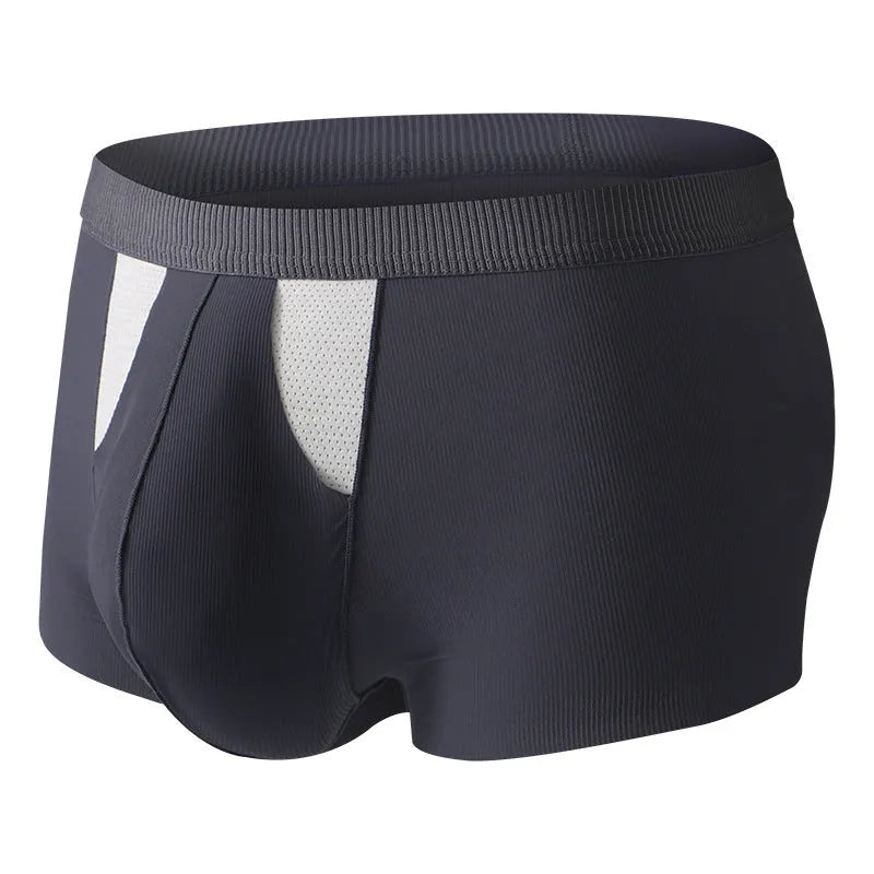 Men's black ice silk underwear shorts showing the double-layer hole bag design for dry wet separation.
