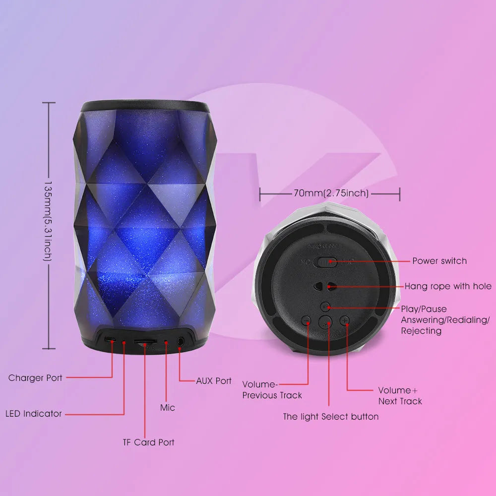 Black crystal diamond-cut Coke can shaped Bluetooth speaker with colourful LED starry sky lighting effect.