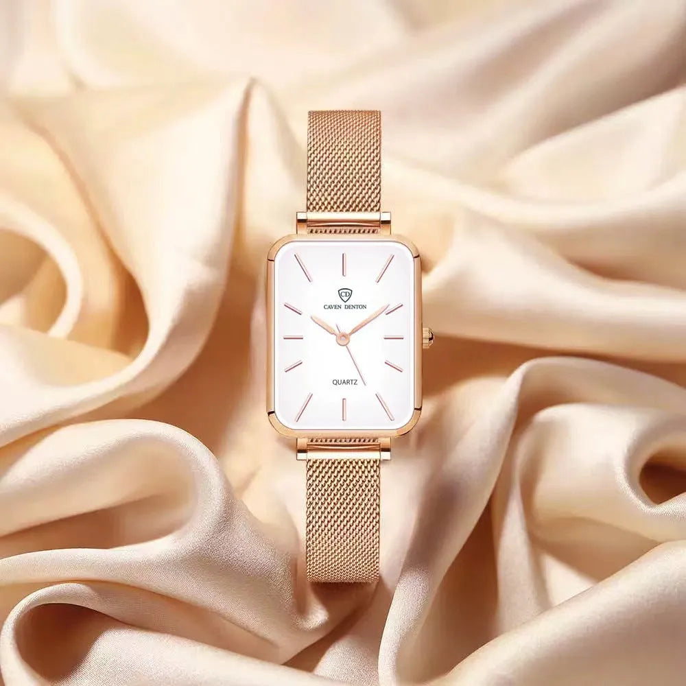 Women's rose gold or silver waterproof quartz watch with woven steel band and alloy case.