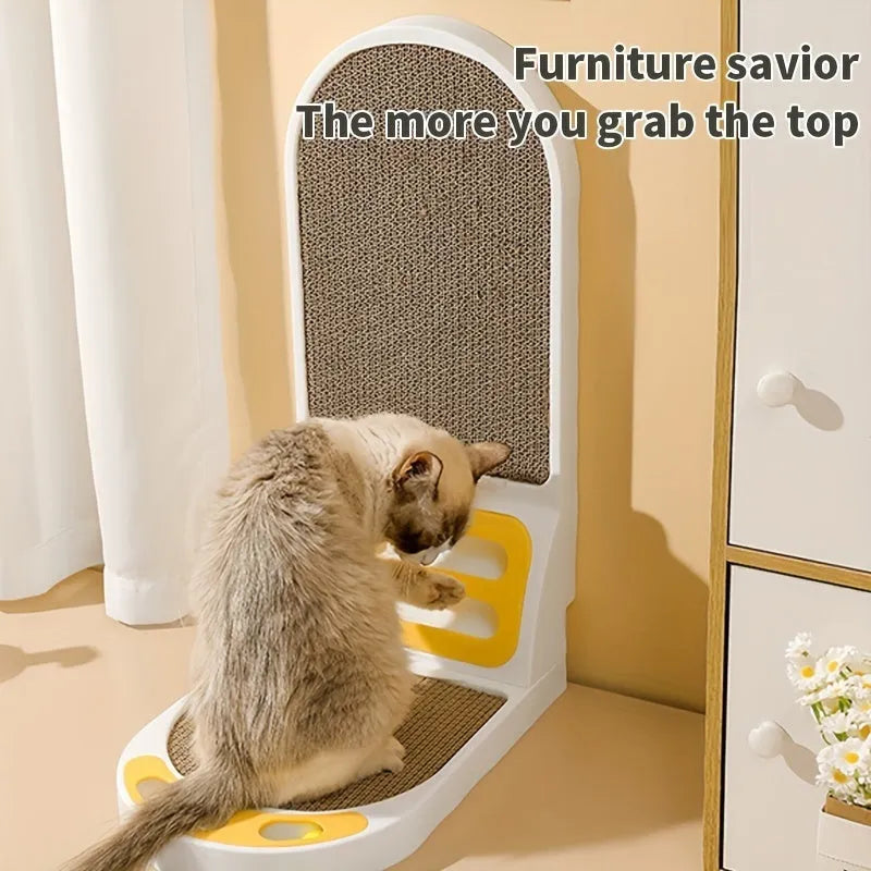 Grey L-shape vertical cat scratching board mounted on a wall for furniture protection.
