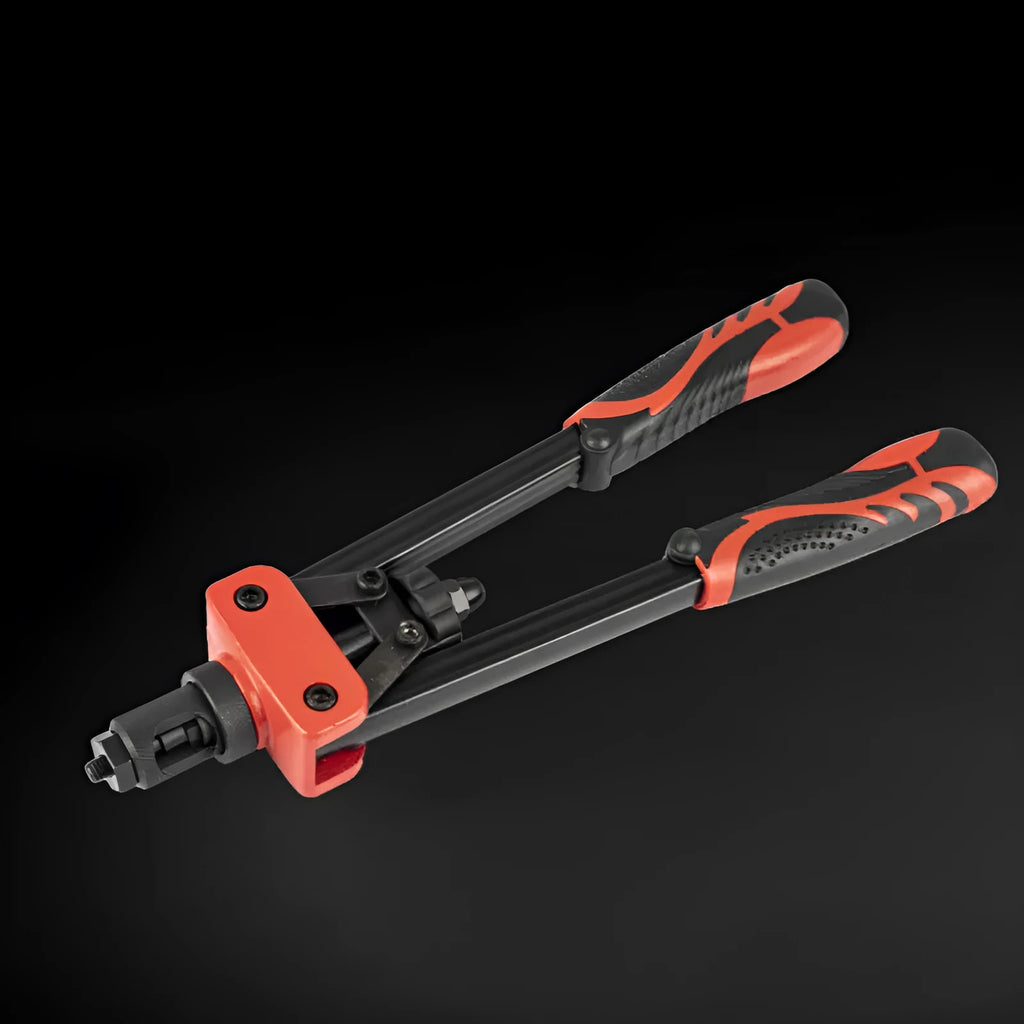 CQ14 14-inch alloy rivet nut tool with set of six metric gun tips on a workbench.