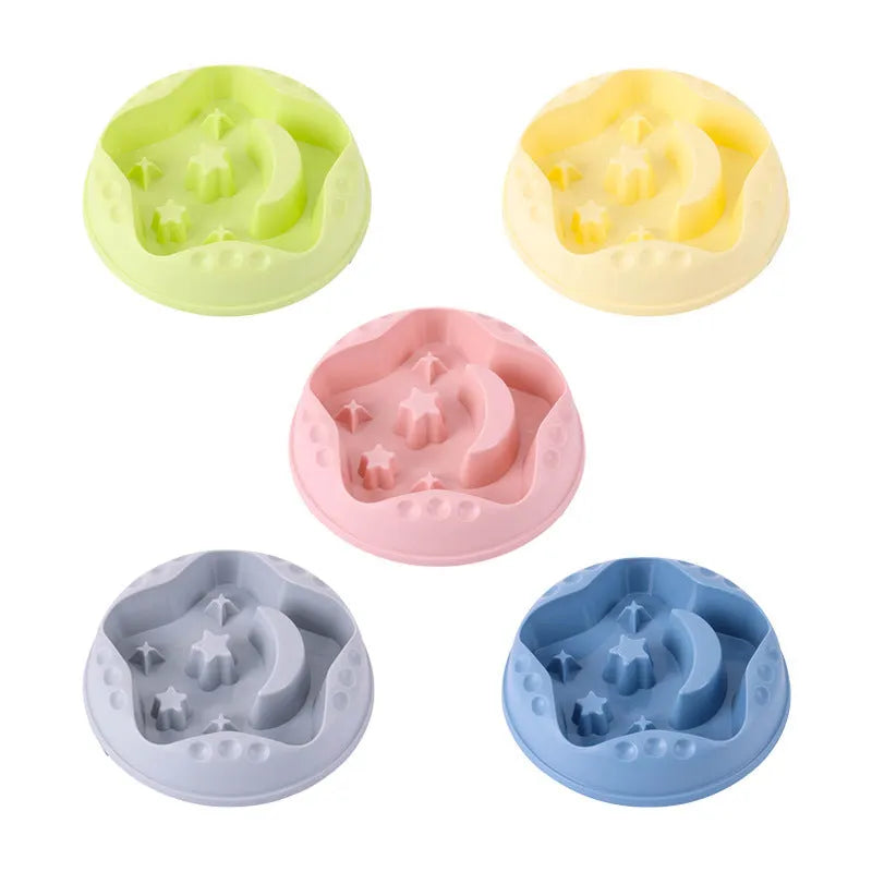 Moon Star Wings large slow-feeding pet bowl in blue, showing internal raised centre and wing design