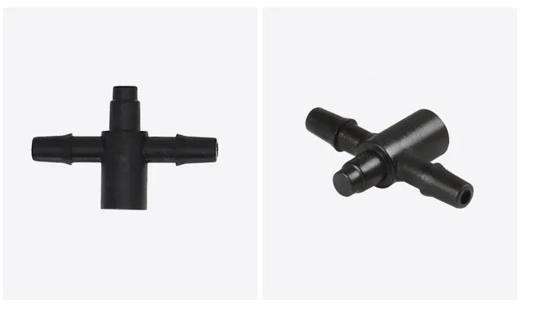 White polyethylene tee water distribution joint connector for irrigation systems.