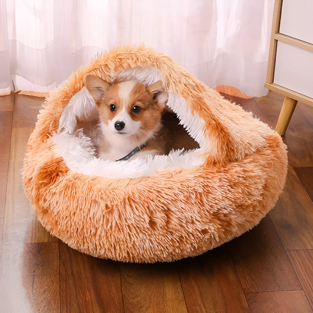 Waterproof semi-surrounded cloth dog kennel in a gradient colour, shown indoors.