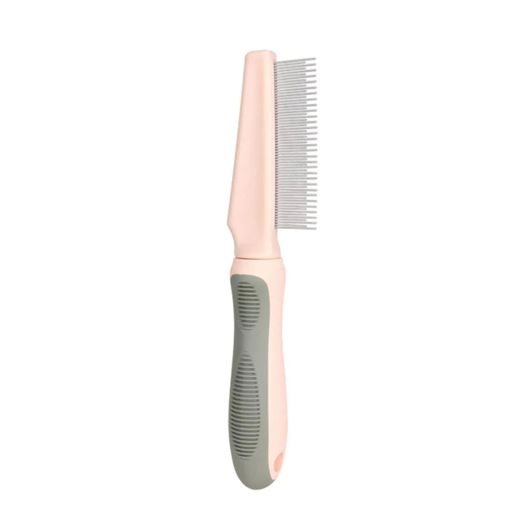 Blue pet detangler comb showing three different tooth patterns and rubber handle