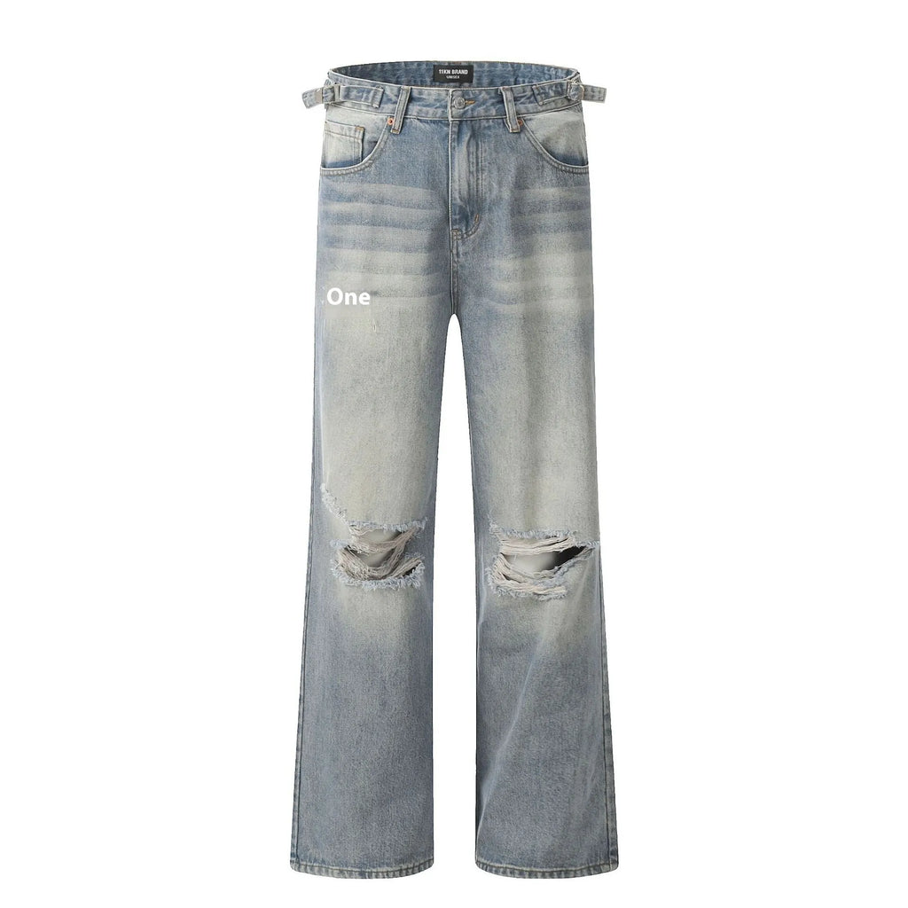 Blue straight-leg men's jeans with a zipper fly on a plain background.