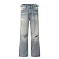 Blue straight-leg men's jeans with a zipper fly on a plain background.