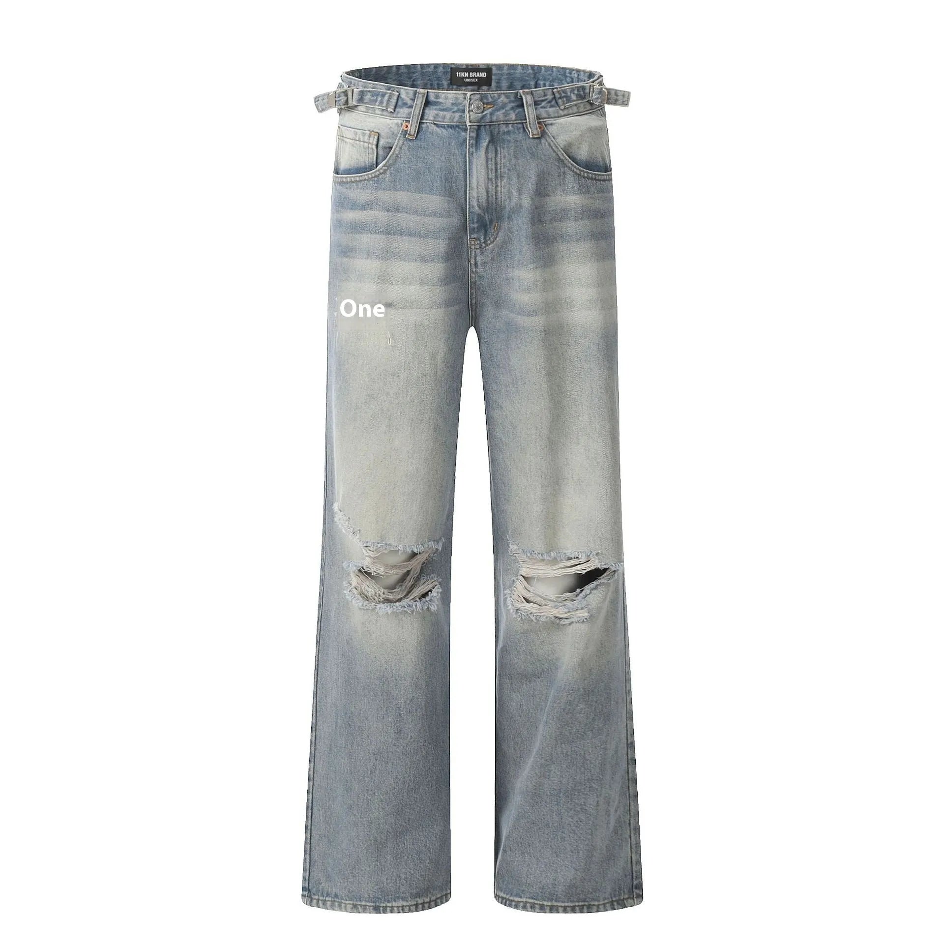 Blue straight-leg men's jeans with a zipper fly on a plain background.
