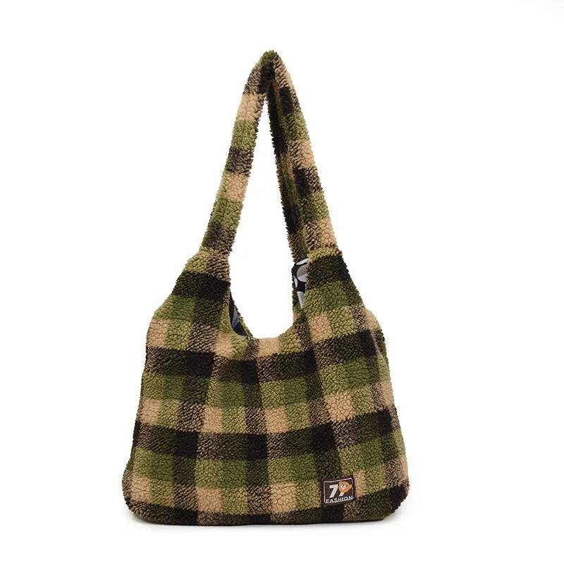 Women's army green plush plaid crossbody tote bag with sandwich pocket and large capacity