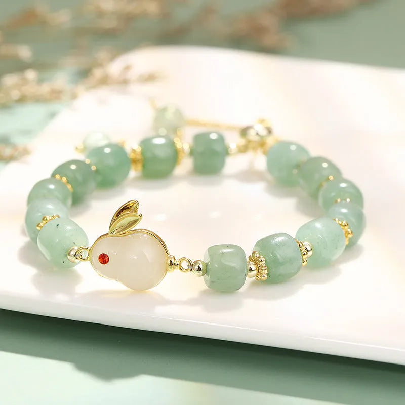 Rabbit bracelet with natural stone charms including green aventurine or strawberry quartz options with mixed metal components