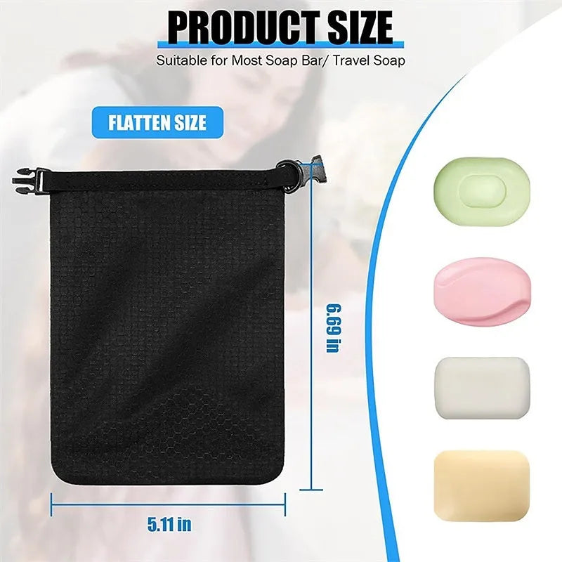 White bubble net soap bag with drawstring closure, shown with a blue bar of soap inside, dimensions 17 by 13 cm.