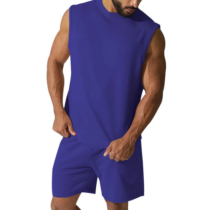 Men's sleeveless sports suit set in cotton blend fabric showing sleeveless top and matching shorts