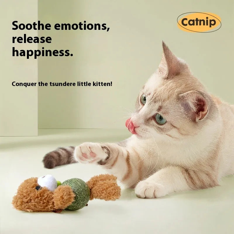 Plush catnip ball toy shaped as a character, showing 15cm height, with mint ball inside.