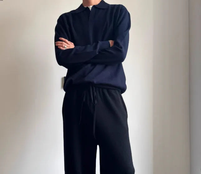 Men's pure wool polo sweater with lapel collar in milky white colour, loose fit with long sleeves