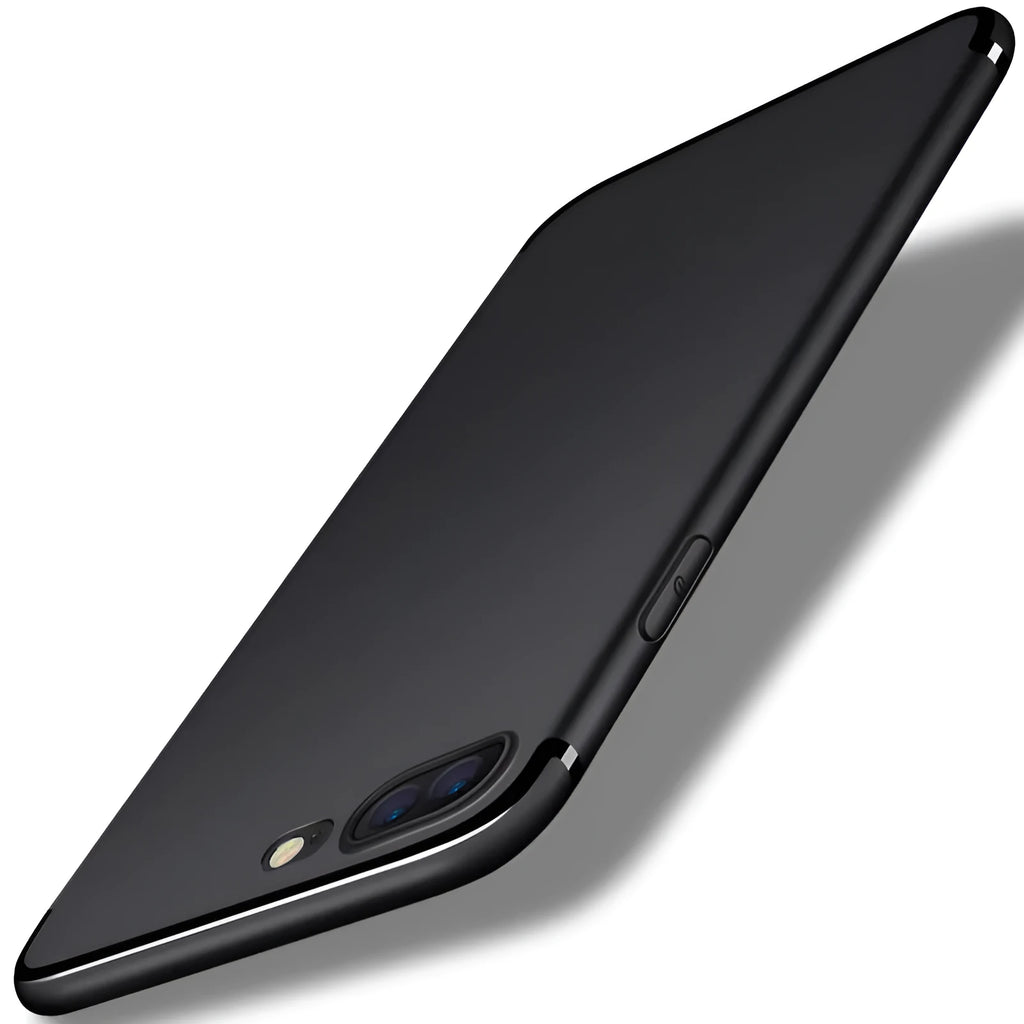 A black TPU silicone mobile phone shell for an iPhone model, showing its flexible form.
