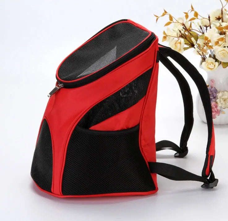 Breathable polyester pet travel backpack carrier in red, 30x25x35cm, for small dogs and cats.