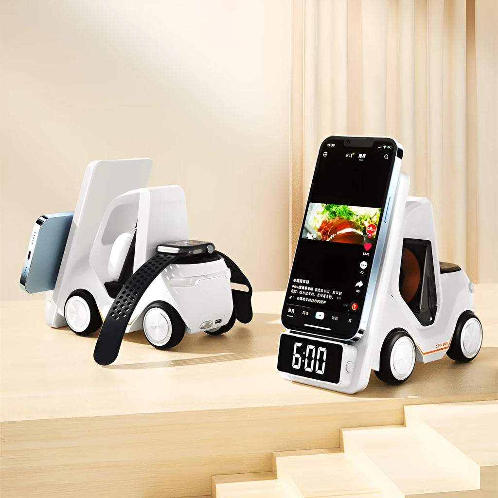 Grey foldable wireless charging bracket holding three smartphones at 45-degree angle