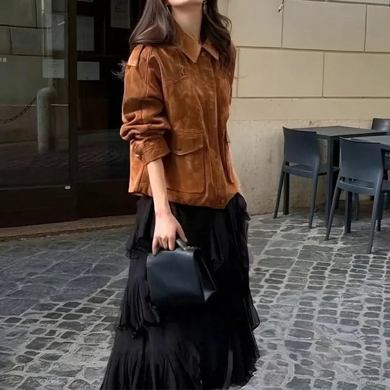 Women's brown suede-style polyester coat with regular sleeves for streetwear fashion