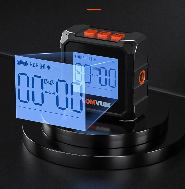 Digital inclinometer laser tape measure with alloy case and backlit display showing 40m range capability