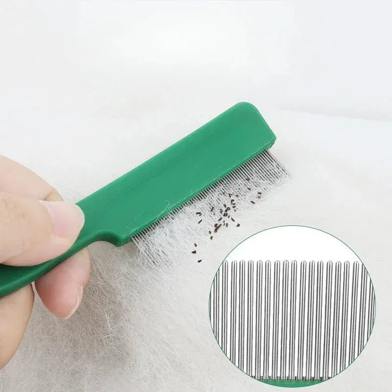 Green plastic-handled flea comb with stainless steel pins for dog and cat grooming.