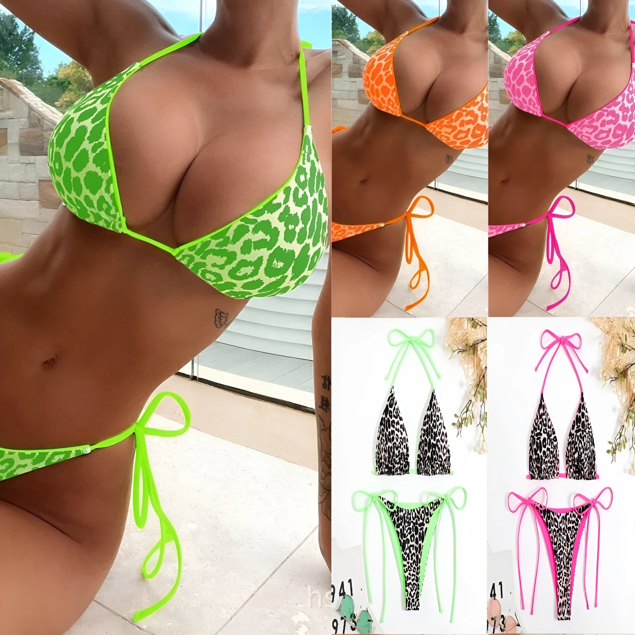Women's lace-up triangle bikini top with split-bottom pants in a colour from the 1style-12style range.
