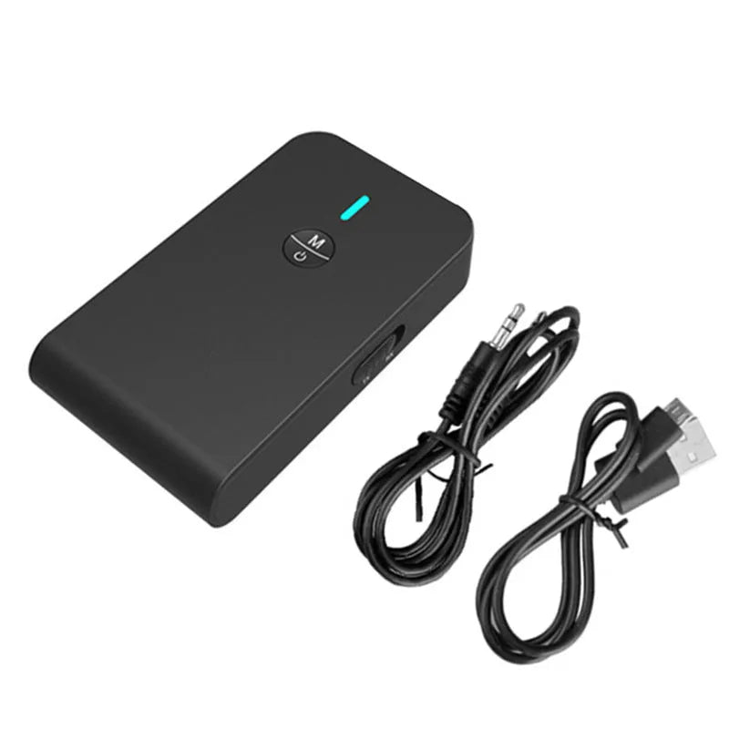 Black Bluetooth audio adapter with 3.5mm jack and external power supply unit