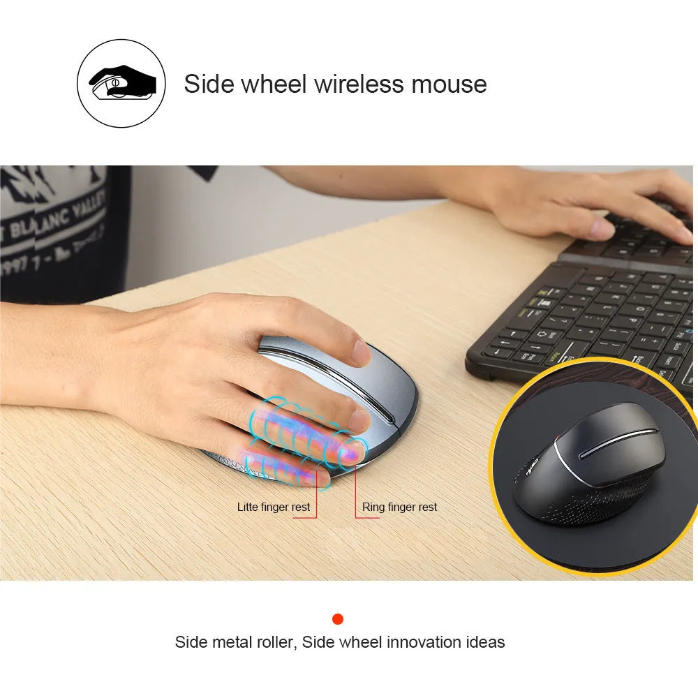 T32 black and silver wireless vertical ergonomic mouse with aluminium side roller on desk.