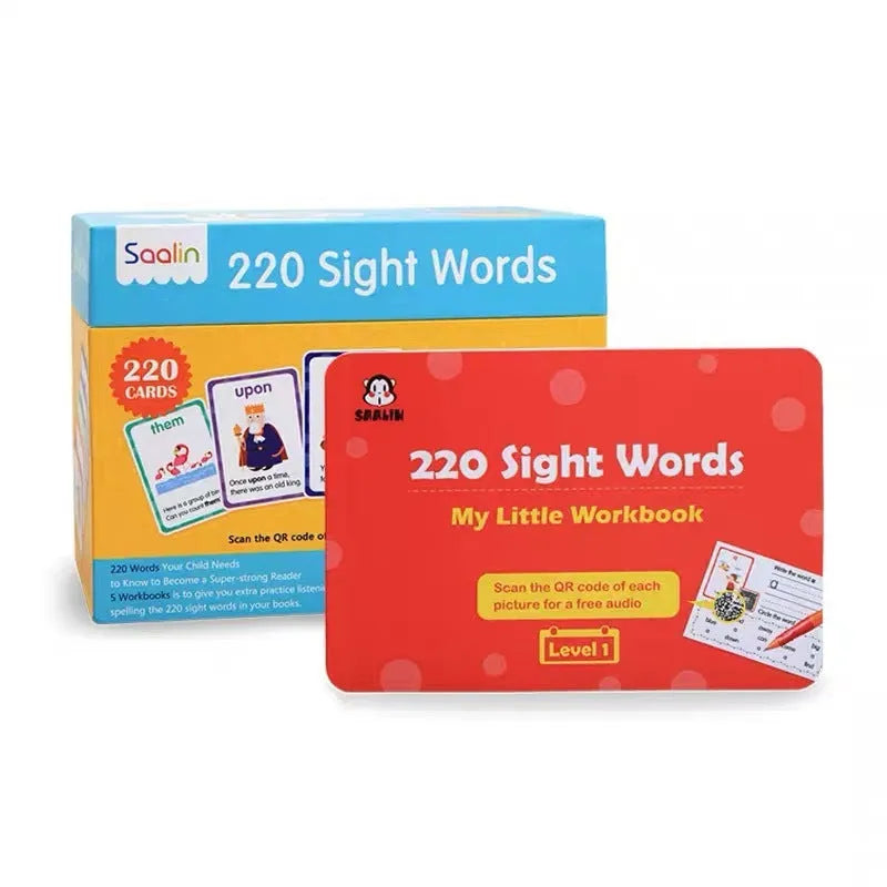 Early childhood education set showing 220 high frequency word cards and 5 interactive workbooks