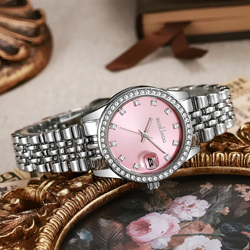 Women's silver alloy quartz fashion watch with circular dial and stainless steel buckle on wrist