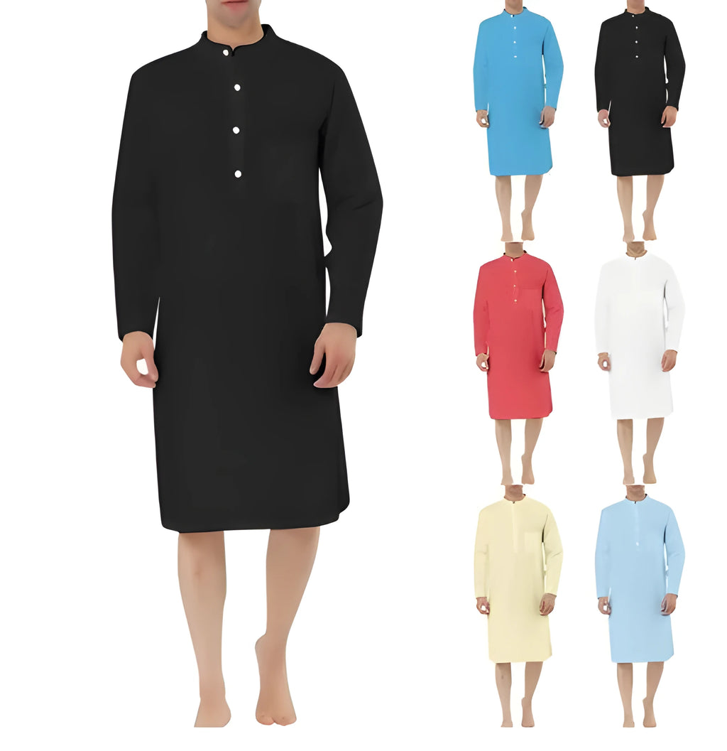 Man wearing a dark blue cotton shirt robe with button front and chest pockets.
