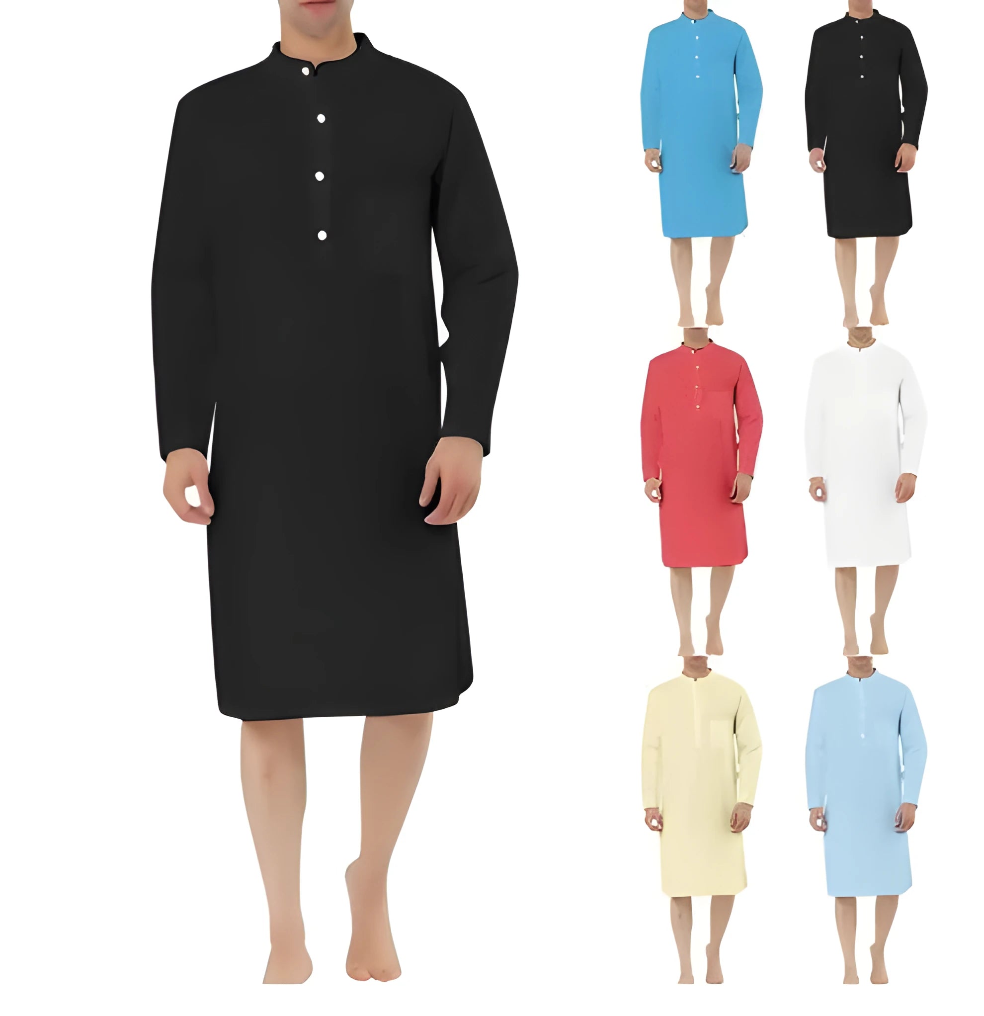 Man wearing a dark blue cotton shirt robe with button front and chest pockets.