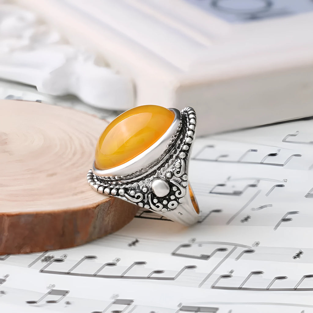 Alloy geometric retro ring with antique silver amber colour and fluorescent beeswax detailing