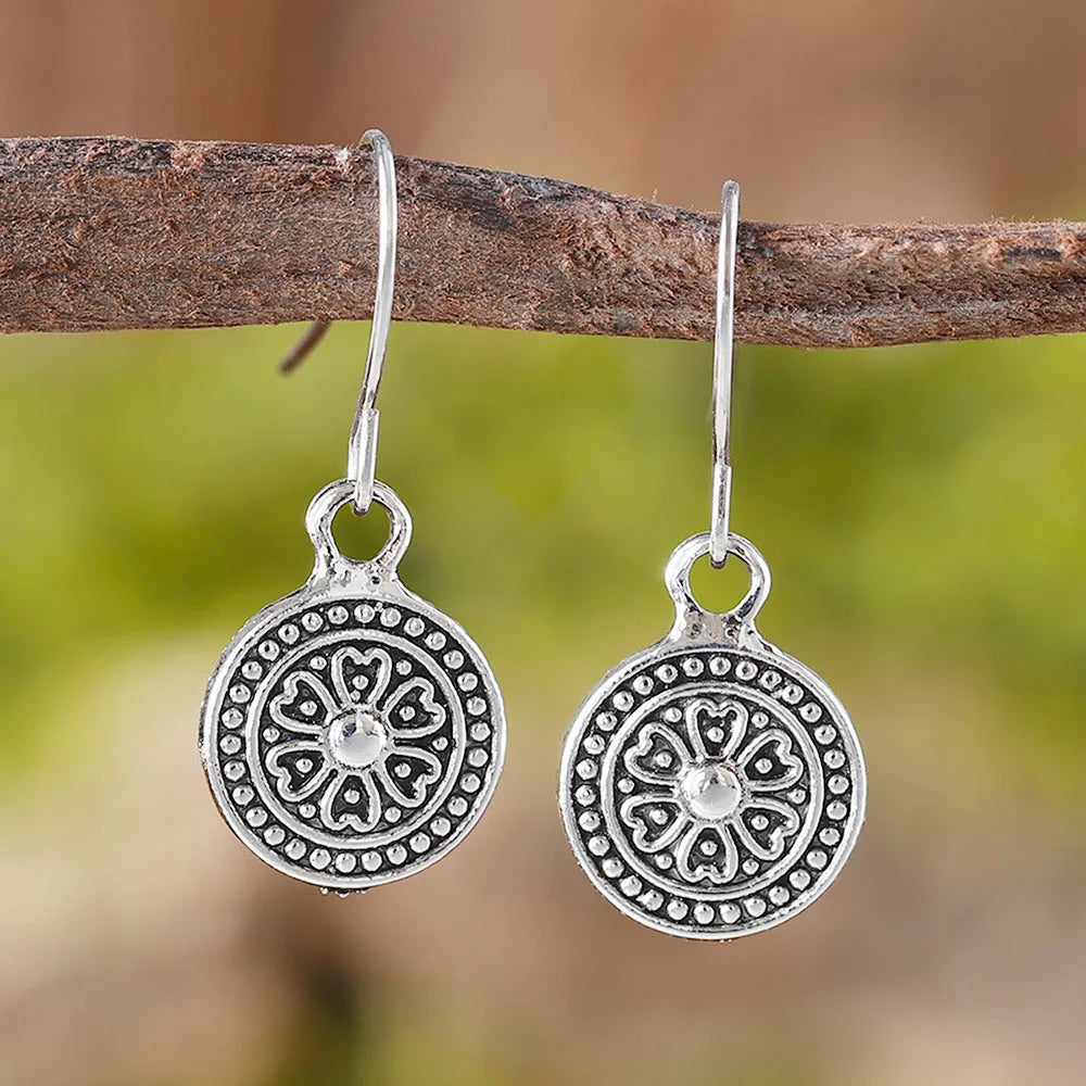 Bohemian retro round print earrings with distressed ethnic design and geometric shape in electroplated zinc alloy