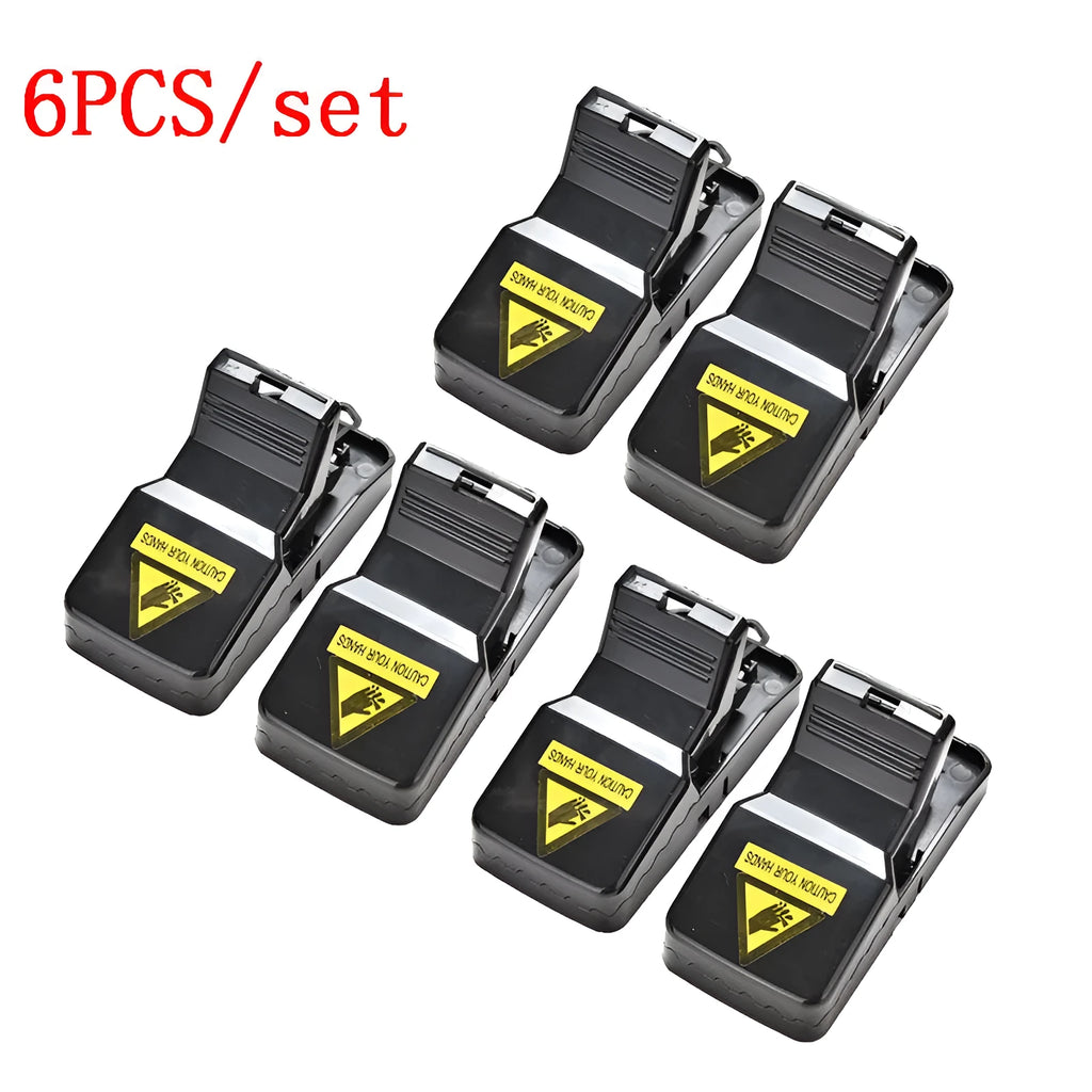 Six black snapping mousetraps made from alloy plastic with dimensions 11cm by 5cm