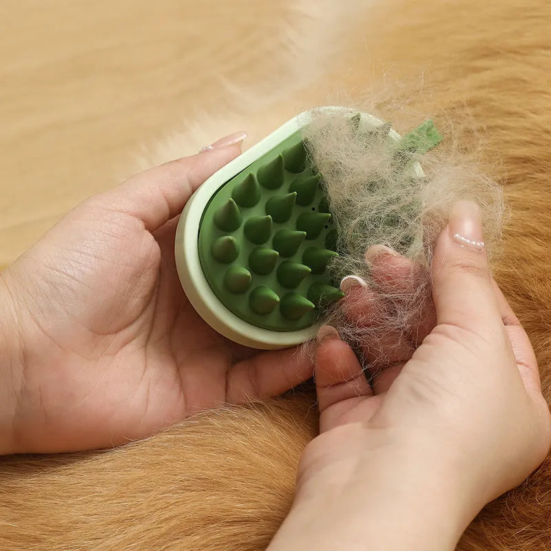 Handheld silicone pet grooming brush for dogs in light blue colour with soft bristles