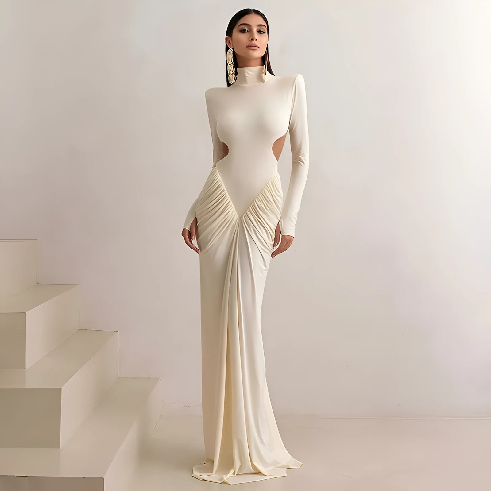 Women's slim fit long sleeve dress with high collar and backless pleated design in formal style