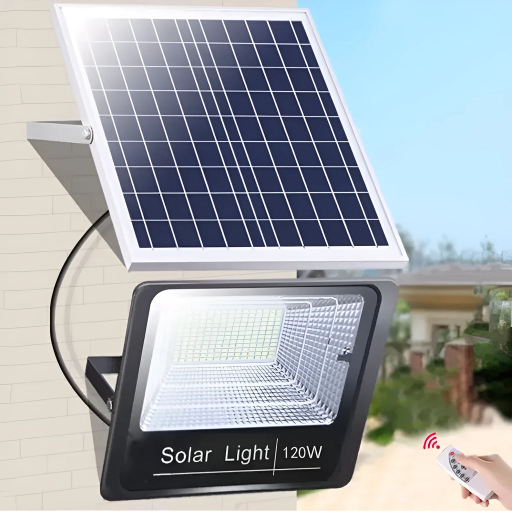 Black solar-powered LED flood light for outdoor garden use with remote control.