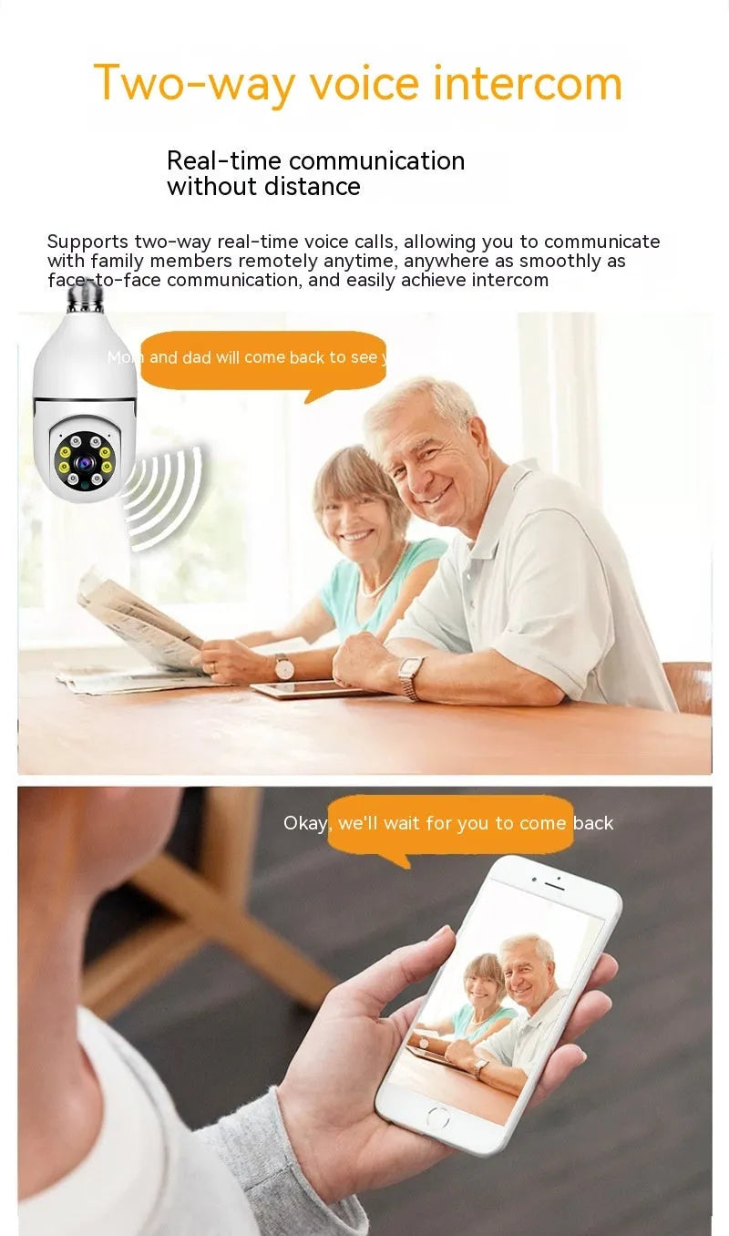 White wireless bulb security camera with lens, shown next to a ruler indicating 5cm width and 12cm height.