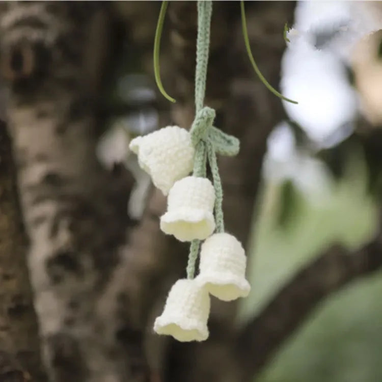 Green and white knitted wool car plant decoration hanging from 25cm white rope