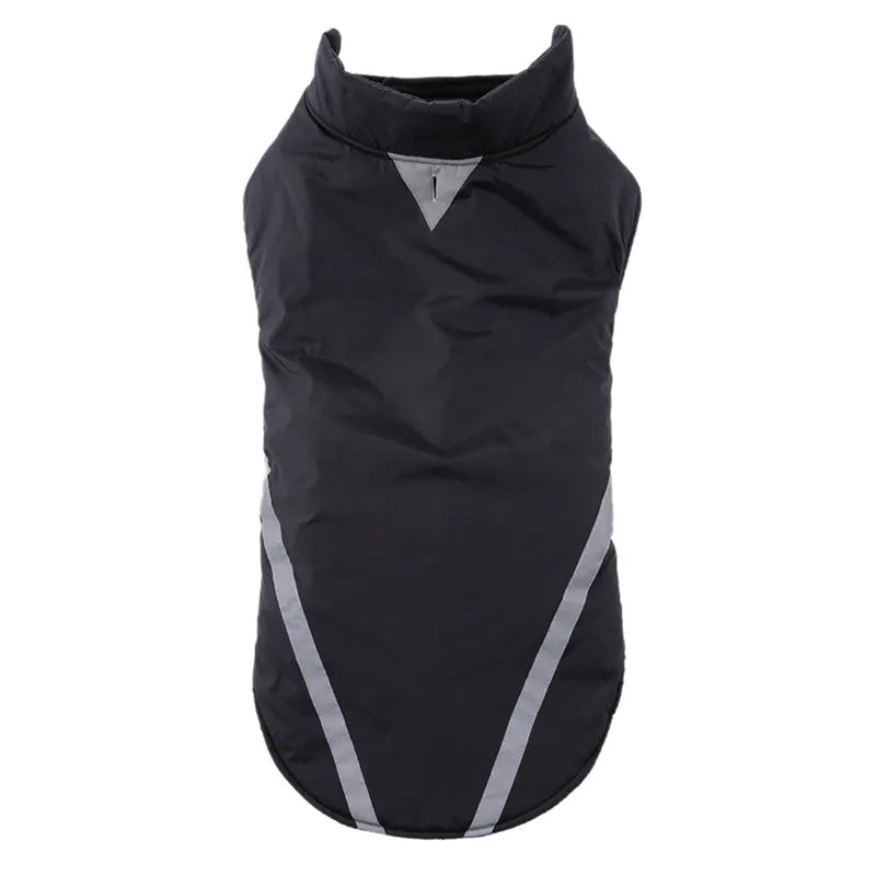 Cotton two-legged large dog jacket in black, blue or purple, sizes S to 2XL with cm size chart