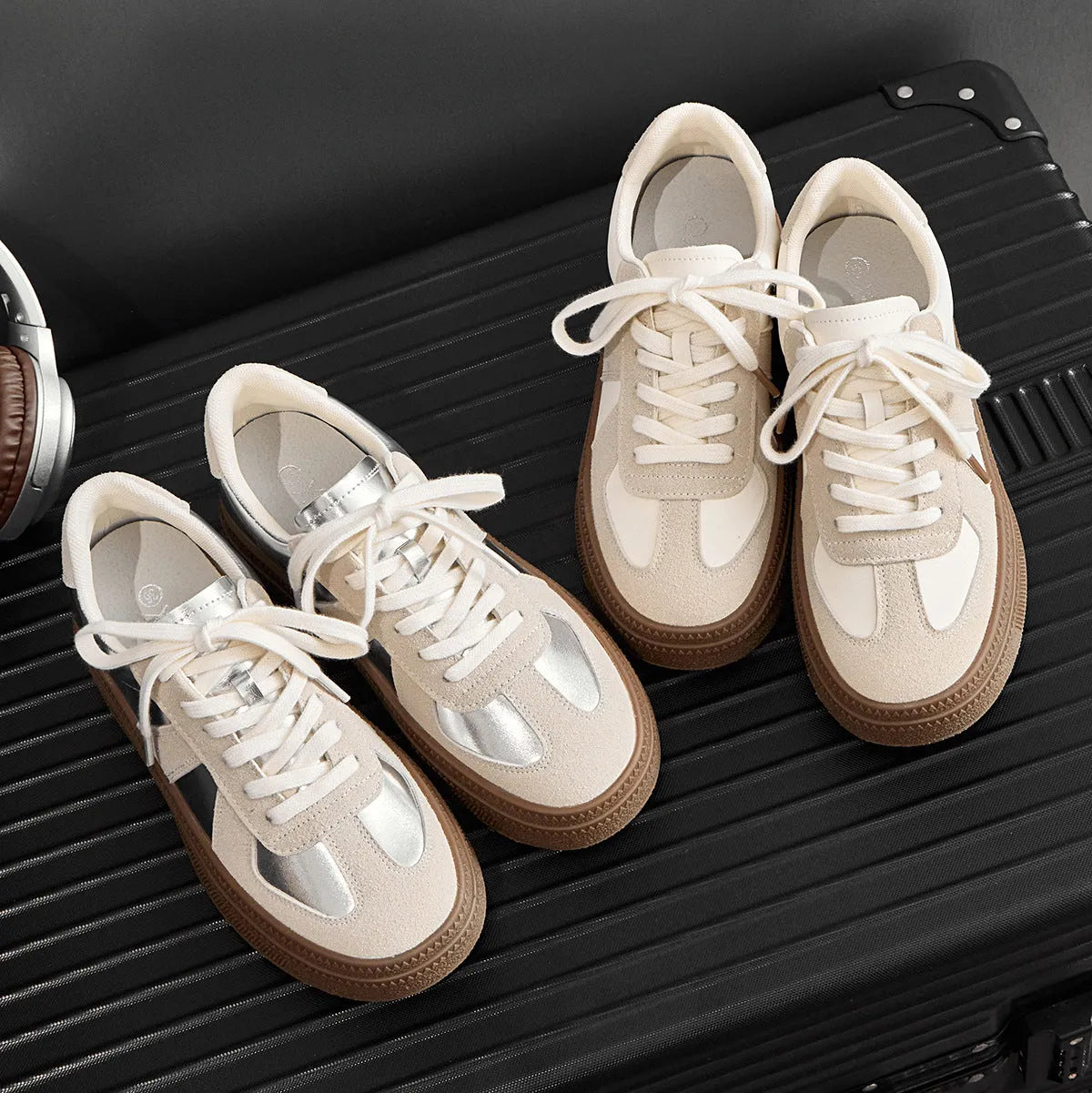 Retro round toe casual board shoes with cross shoulder straps in silver colour
