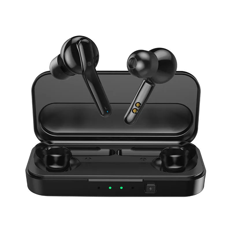 Black and white true wireless stereo earbuds with Bluetooth 5.0 and IPX5 waterproof rating.