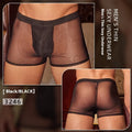 Men's black and white ultra-thin nylon boxer briefs laid flat, showing free size fit.