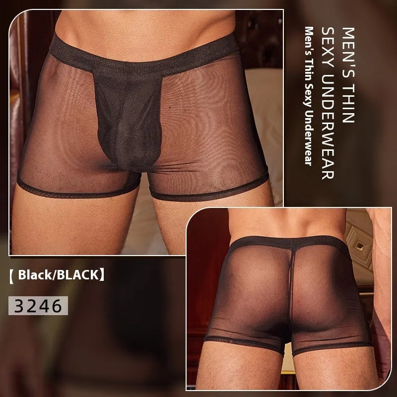 Men's black and white ultra-thin nylon boxer briefs laid flat, showing free size fit.