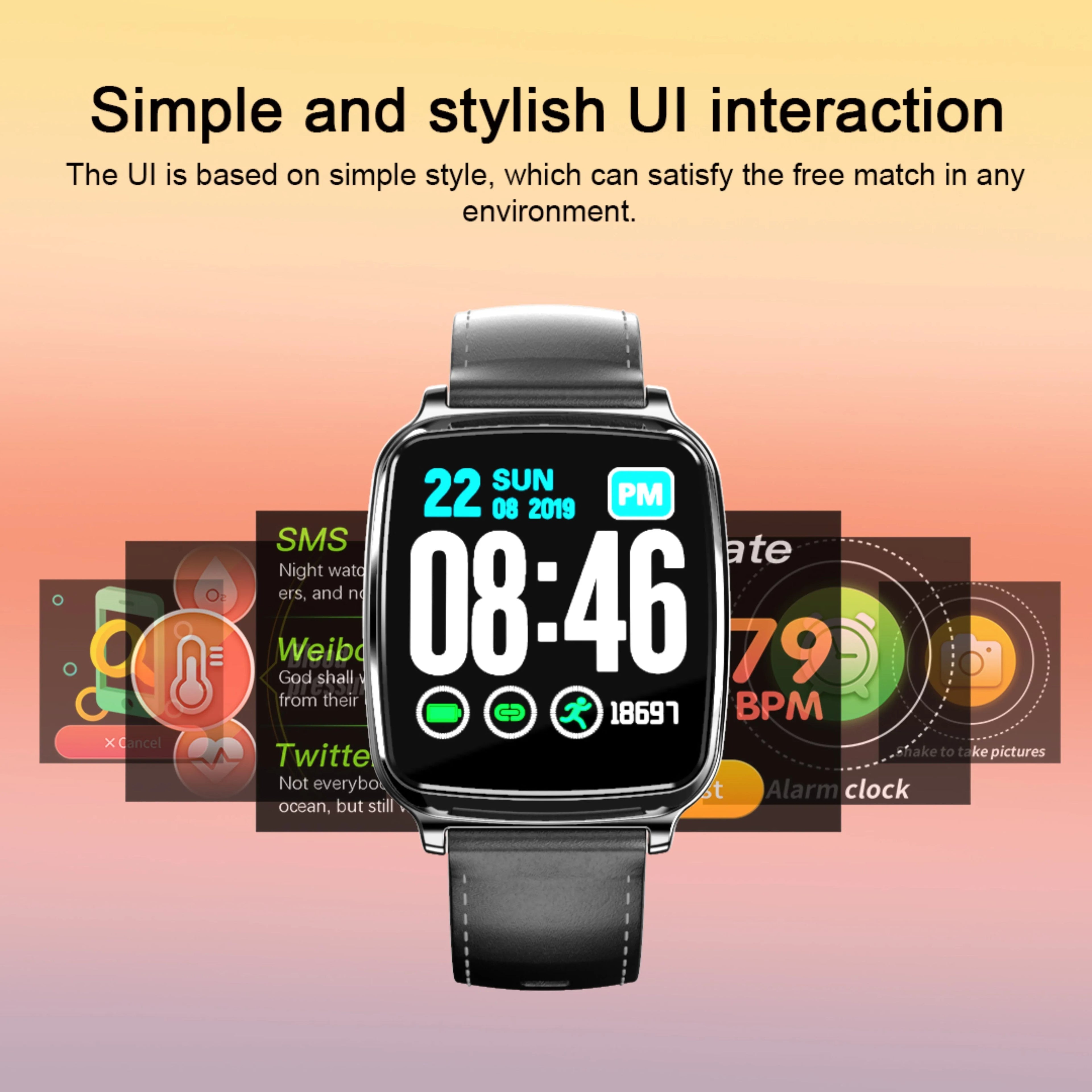 M8 smart bracelet in black showing zinc alloy body and touch screen on a wrist.
