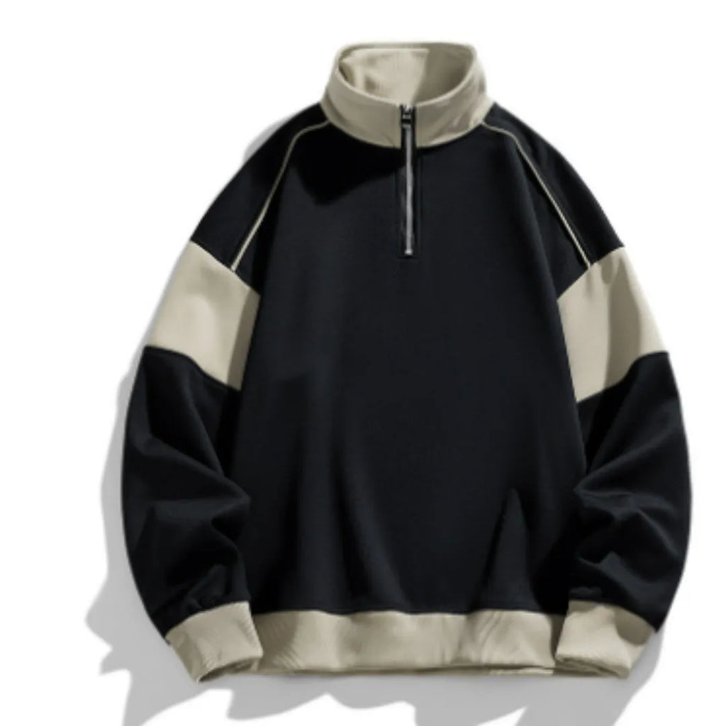 Men's white corduroy hooded pullover sweater with drop shoulders and loose lapels design