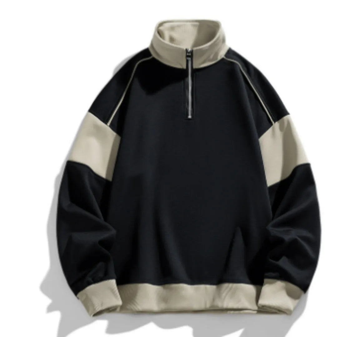 Men's white corduroy hooded pullover sweater with drop shoulders and loose lapels design
