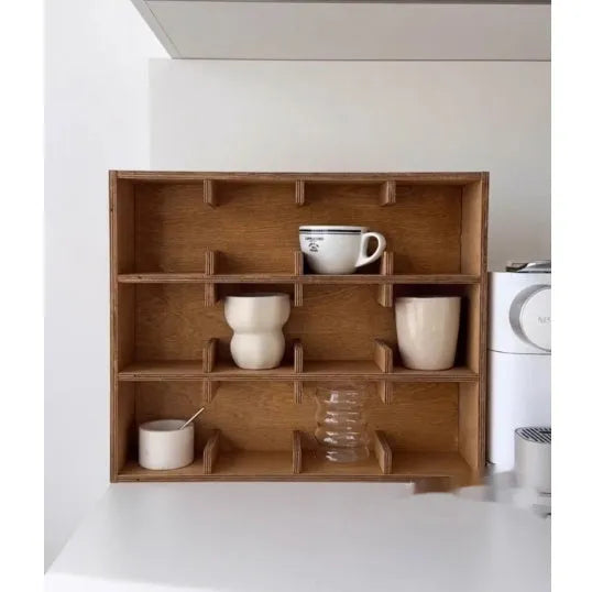 Solid wood multi-layer grid storage rack for cups and glasses in birch meridian colour