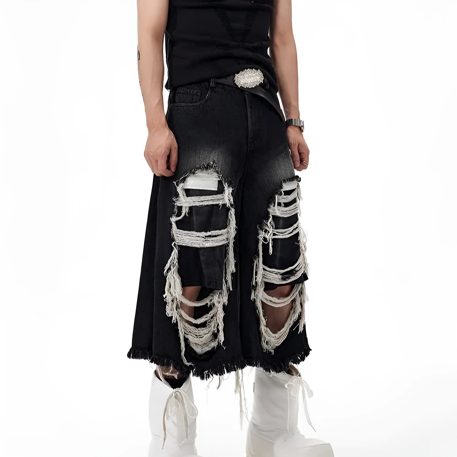 Black cropped wide-leg women's jeans with ripped patch details and mid-high waist
